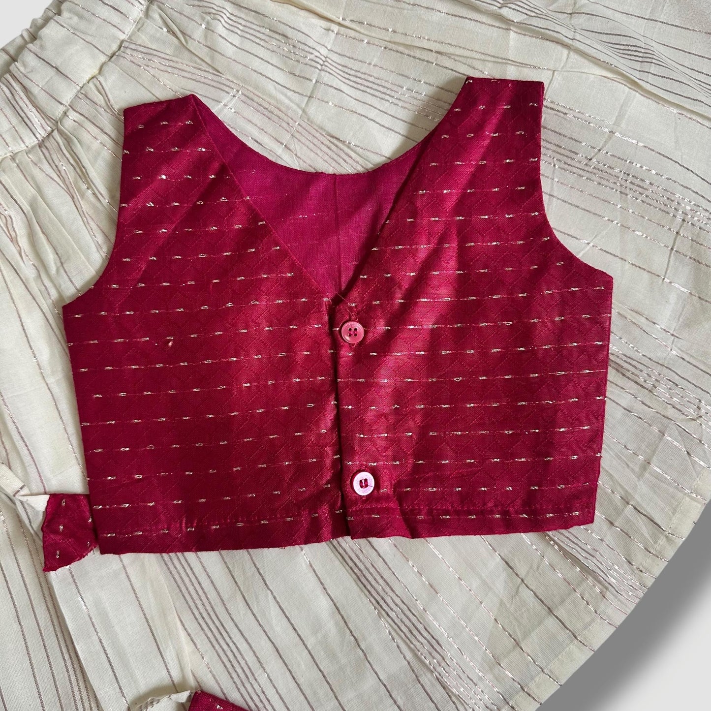 Deep Red & Metallic Pink Striped Pavada Set