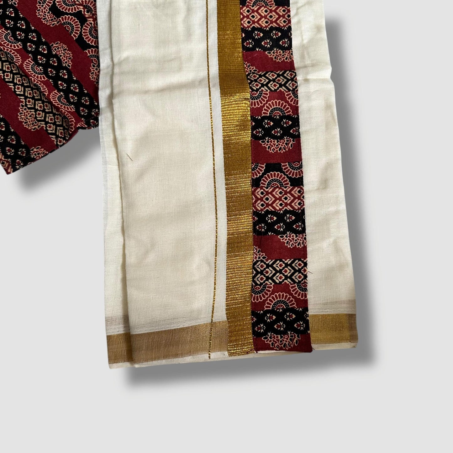Maroon Ajrakh Shirt & Kasavu Mundu Set