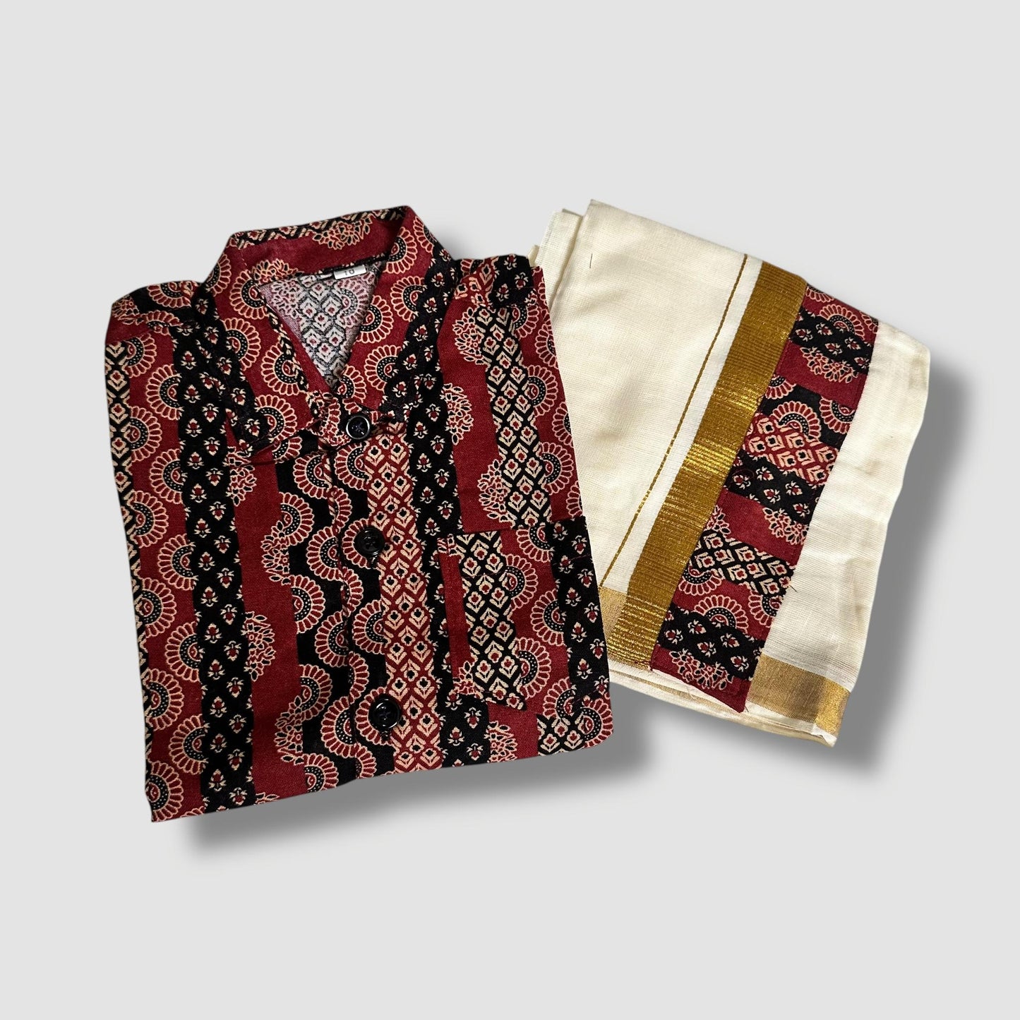 Maroon Ajrakh Shirt & Kasavu Mundu Set