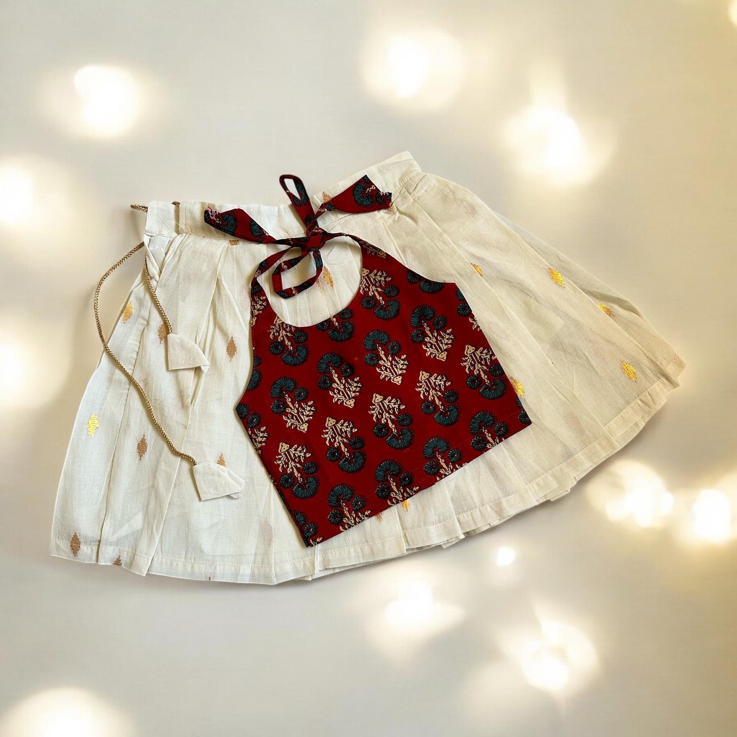 Ajrakh Print Tie-Up Top & Cream Kasavu Skirt Set