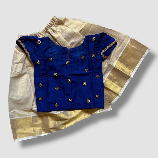 Royal Blue Beaded Blouse with Cream Kasavu Skirt