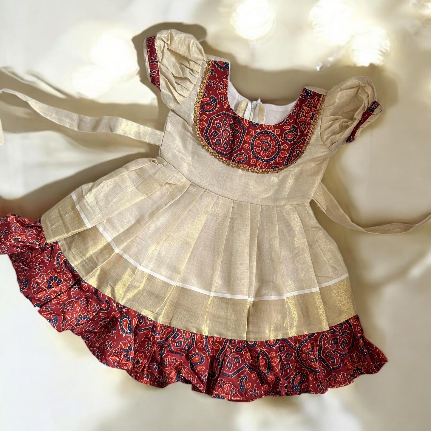 Ajrakh Border Kasavu Frock - Floral