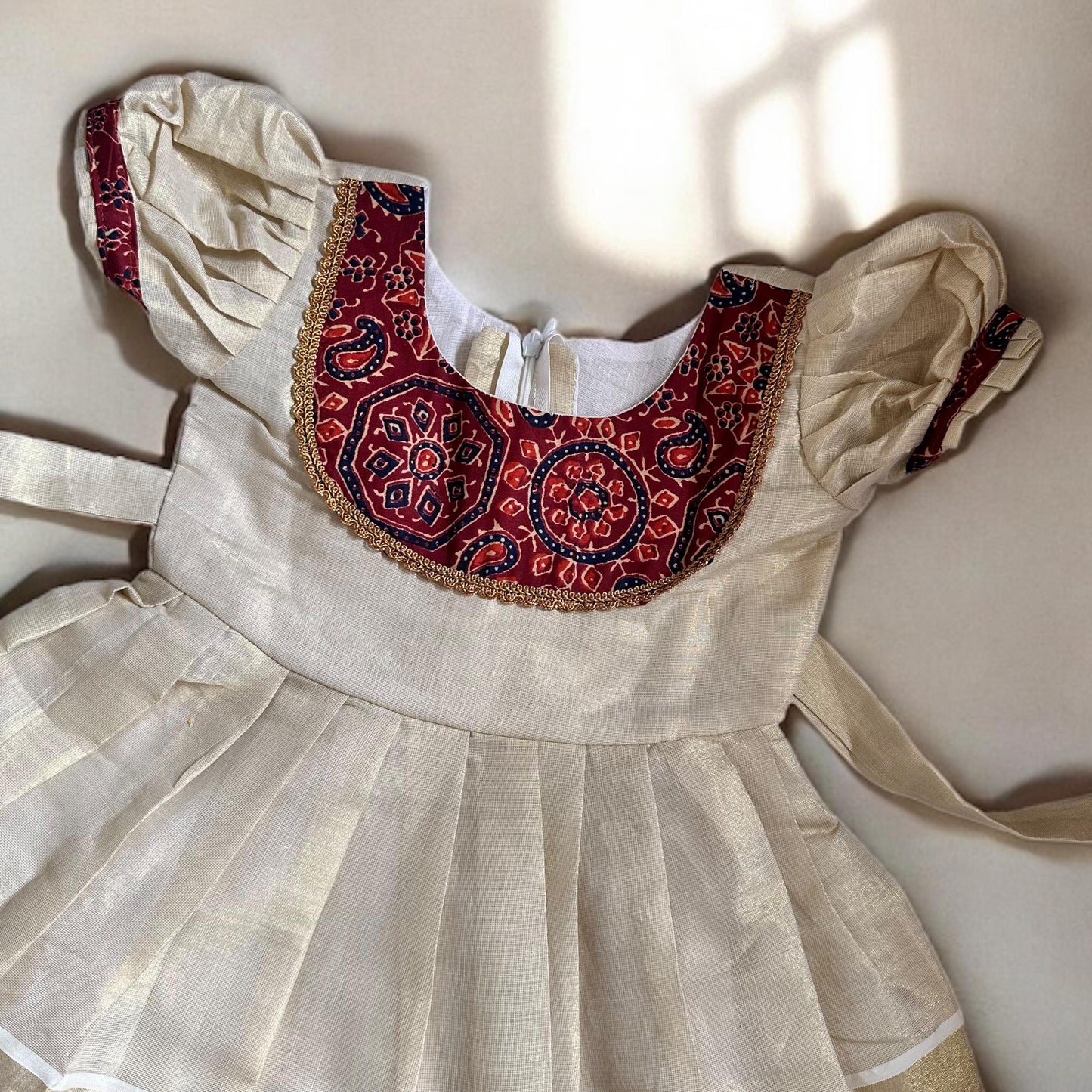 Ajrakh Border Kasavu Frock - Floral