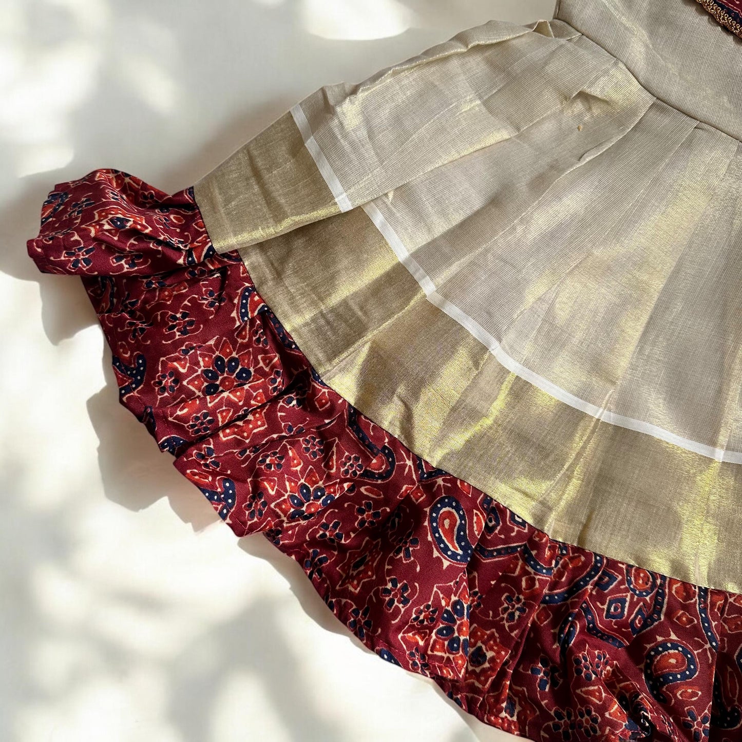 Ajrakh Border Kasavu Frock - Floral