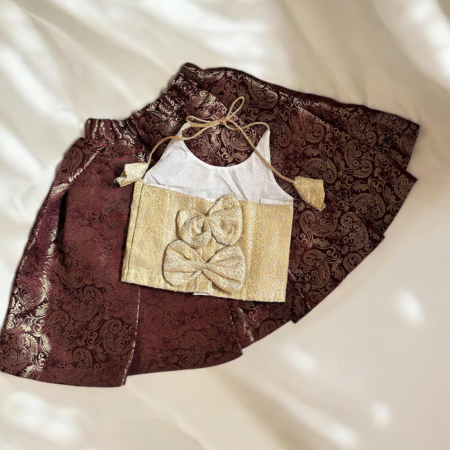 Ivory Brocade Top & Brown Skirt Set