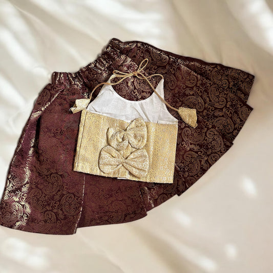 Ivory Brocade Top & Brown Skirt Set