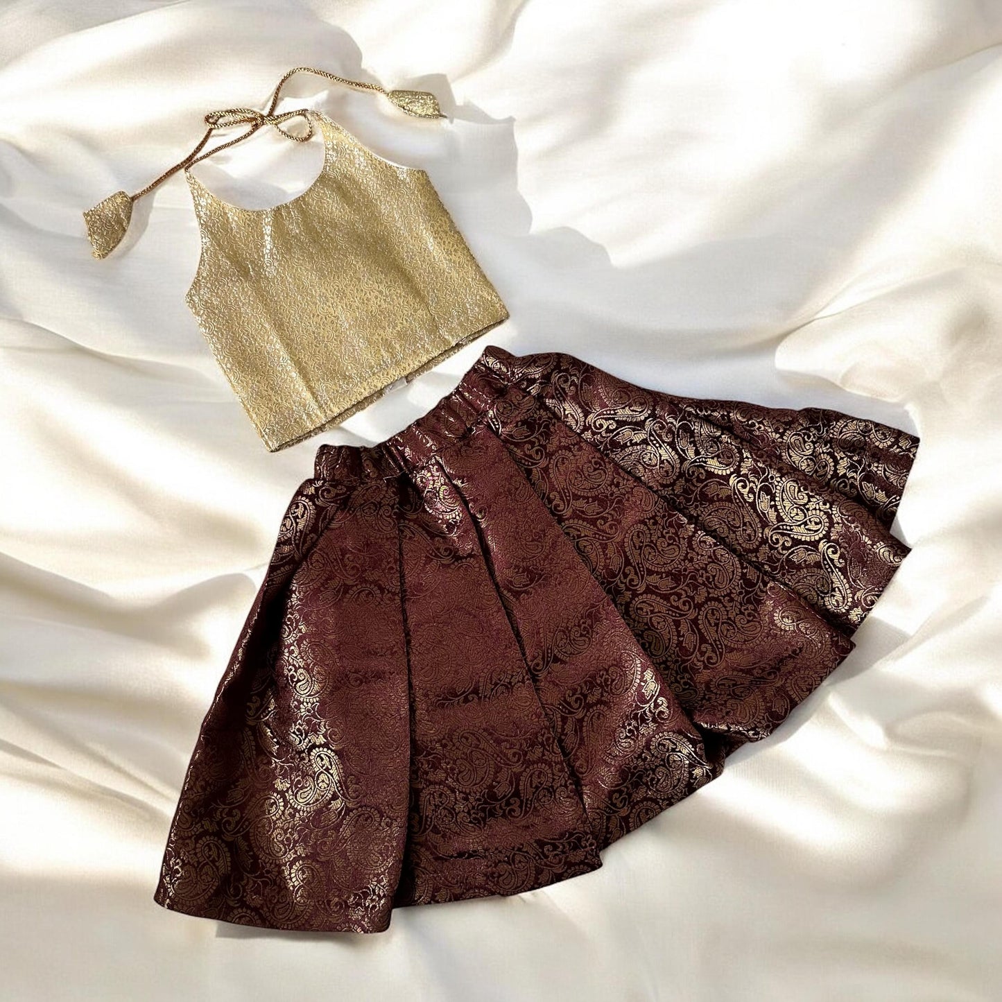 Ivory Brocade Top & Brown Skirt Set