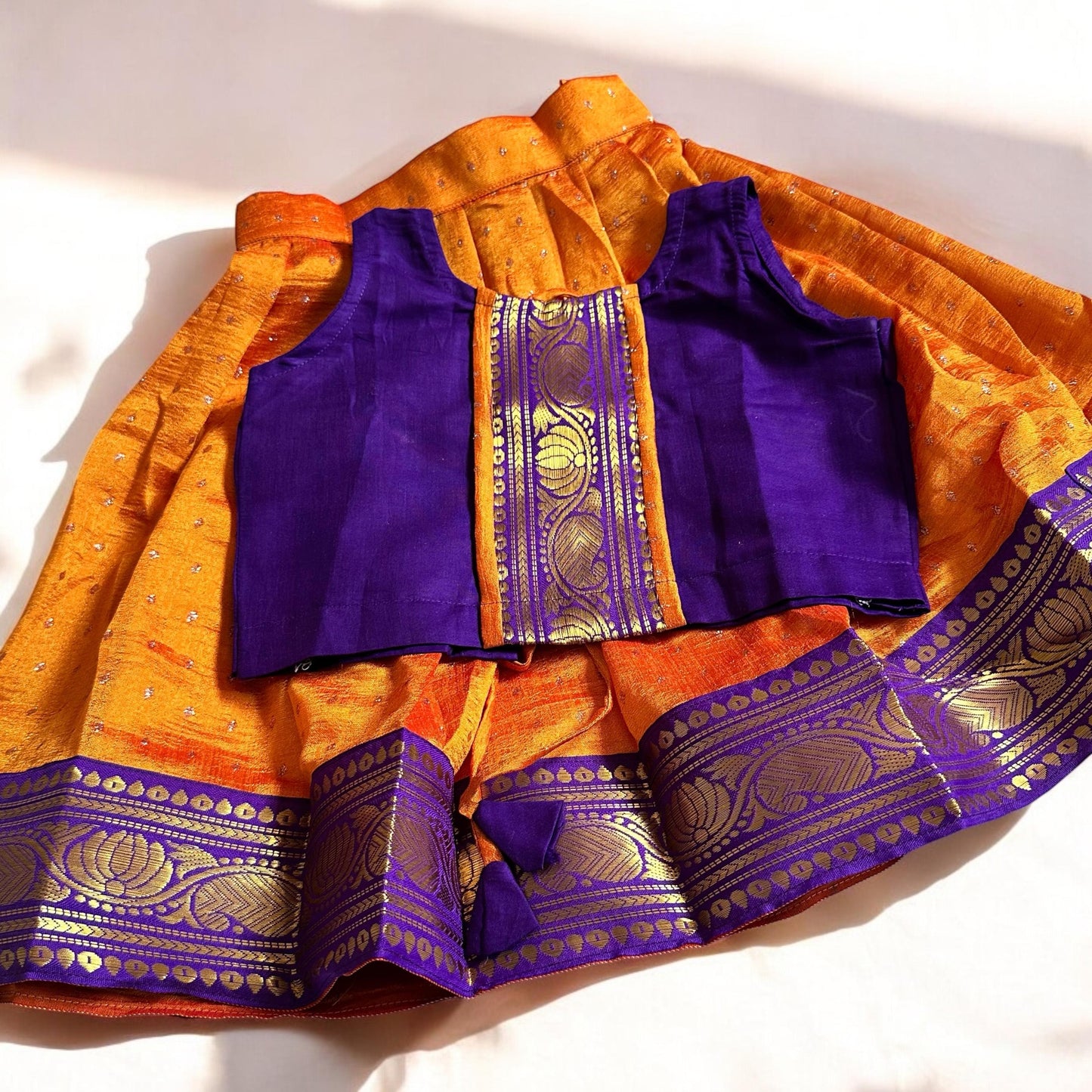 Violet & Orange Kasavu Pavada Set