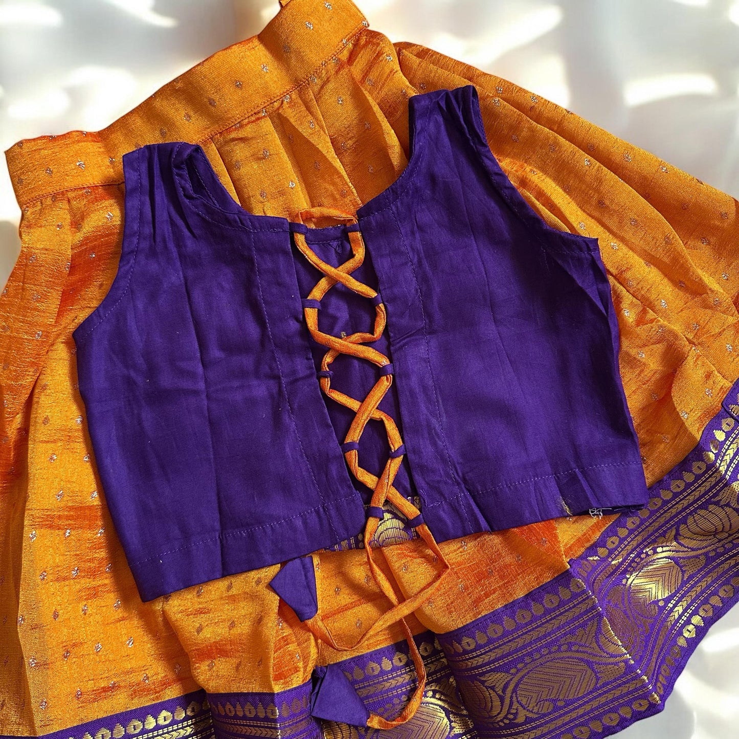 Violet & Orange Kasavu Pavada Set