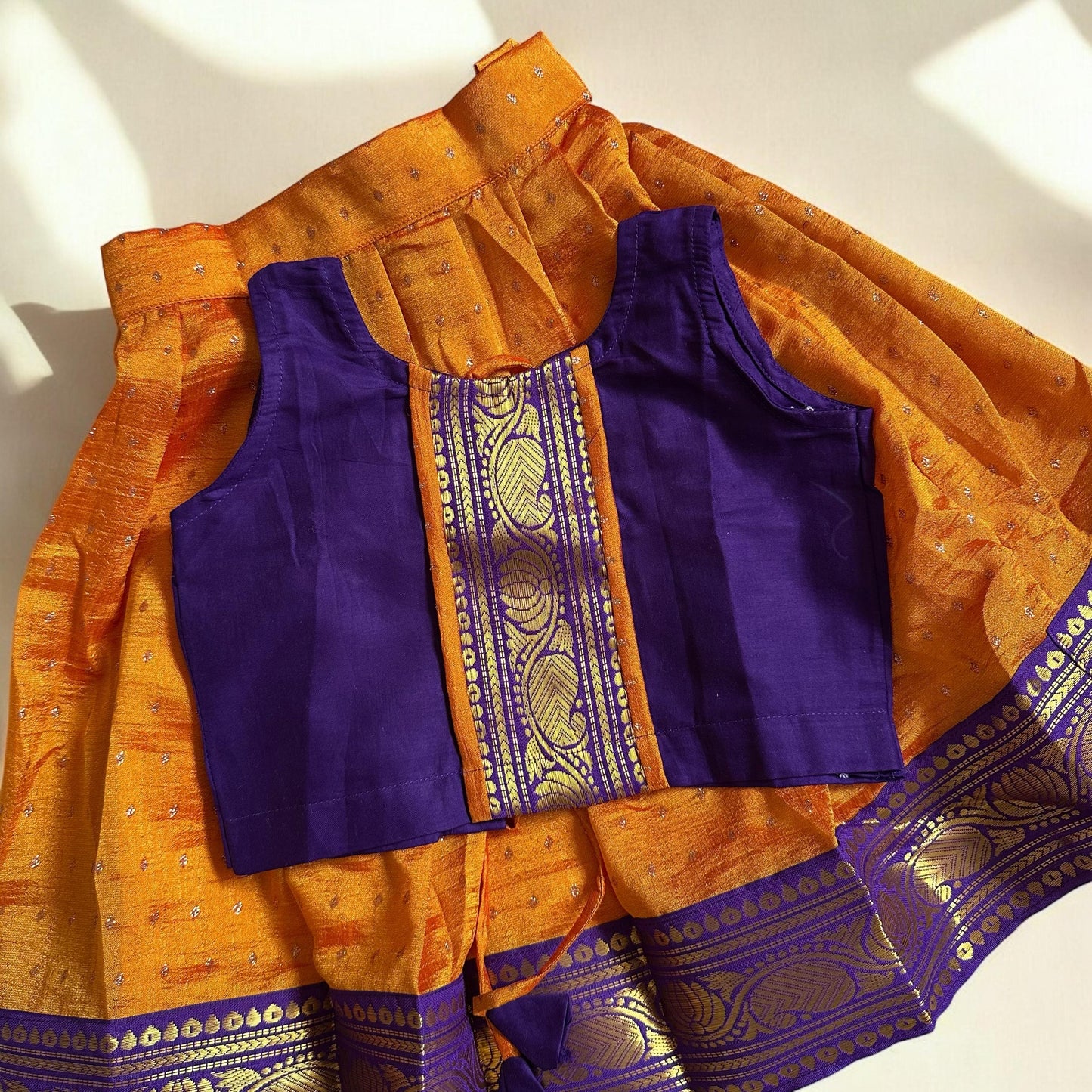 Violet & Orange Kasavu Pavada Set