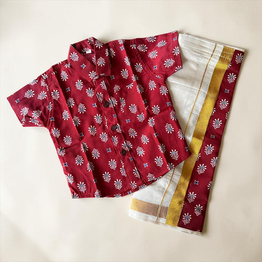 Festive Red Print Shirt & Kasavu Mundu Set