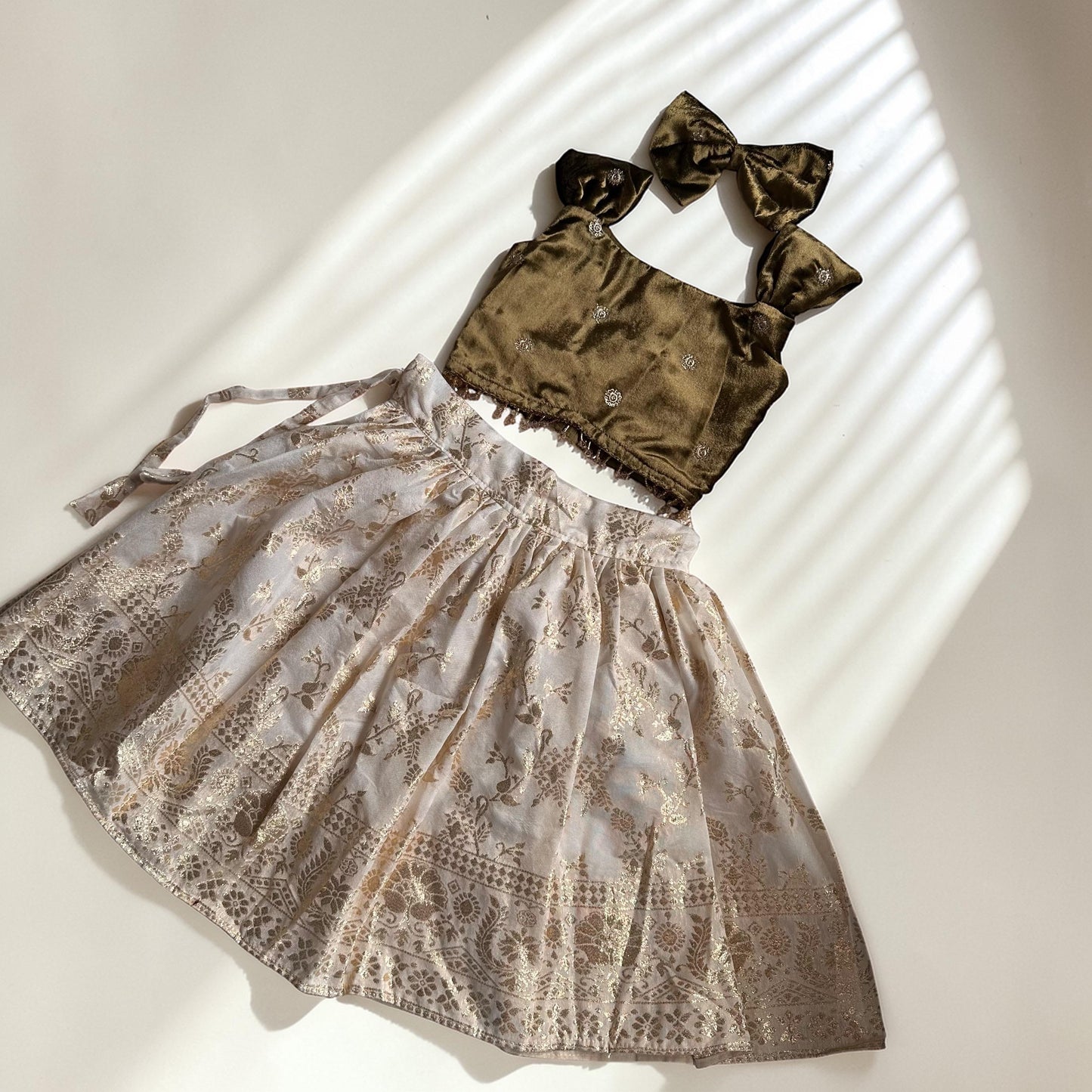 Olive Velvet Top & Gold Traditional Skirt Set