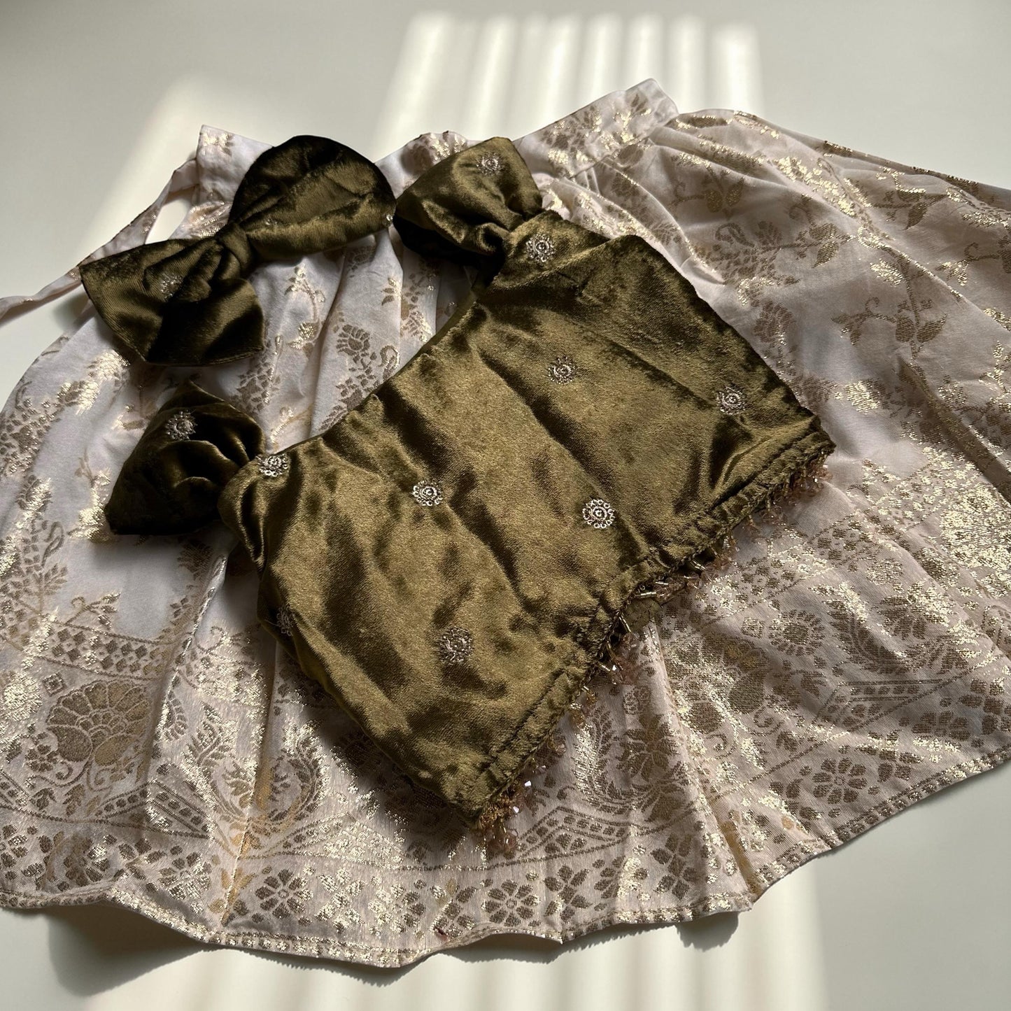 Olive Velvet Top & Gold Traditional Skirt Set