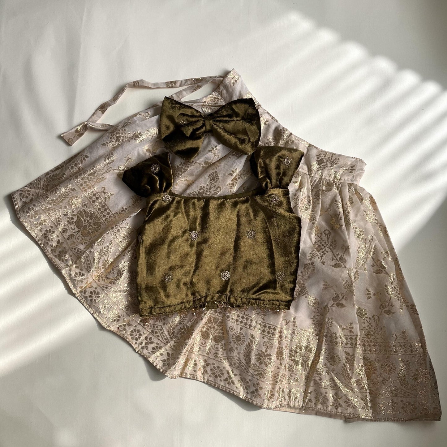 Olive Velvet Top & Gold Traditional Skirt Set