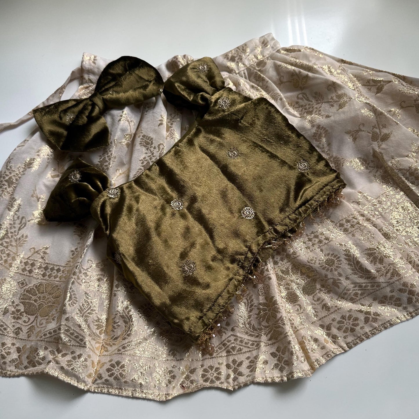 Olive Velvet Top & Gold Traditional Skirt Set