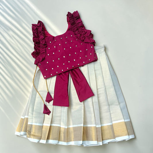 Pre-order: Maroon Kasavu Bow Pavada Set