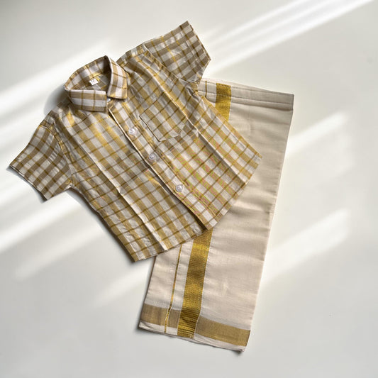 Gold Checkered Shirt & Kasavu Mundu Set
