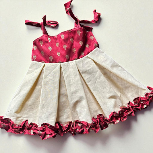 Red and Gold Tissue Frock with Ruffle Trim