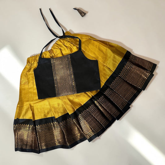 Pre-order: Mustard Yellow Zari Skirt with Tie-Up Black Top